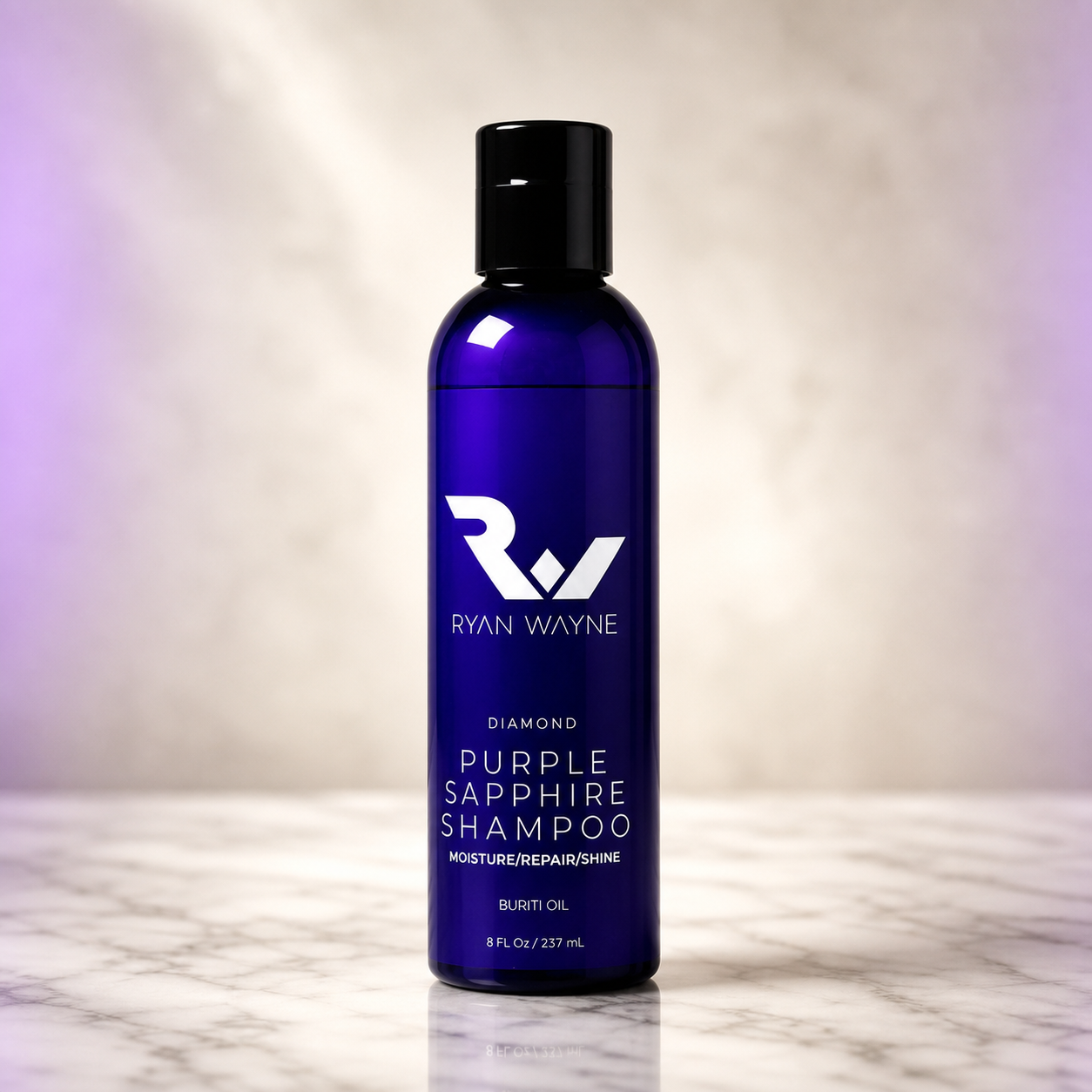 Ryan Wayne Diamond Purple Sapphire Restorative Shampoo on ivory marble with soft plum studio lighting