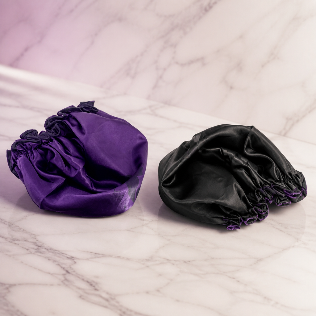 Ryan Wayne reversible water-resistant shower cap shown in purple and black