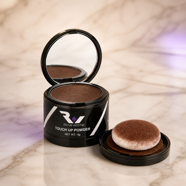 Ryan Wayne Root Touch-Up Powder compact and applicator on white marble