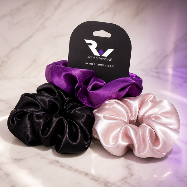 Ryan Wayne Satin Scrunchie Set in black, blush, and purple