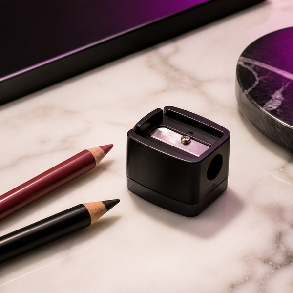 Black cosmetic pencil sharpener with lip and eye pencils on white marble