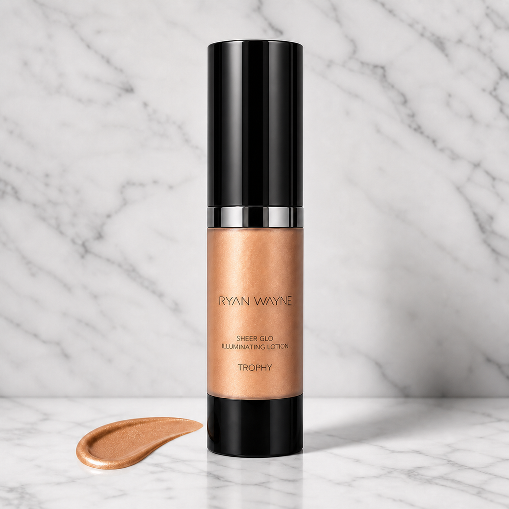 Ryan Wayne Sheer Glo Illuminating Lotion in Trophy with glossy black lid