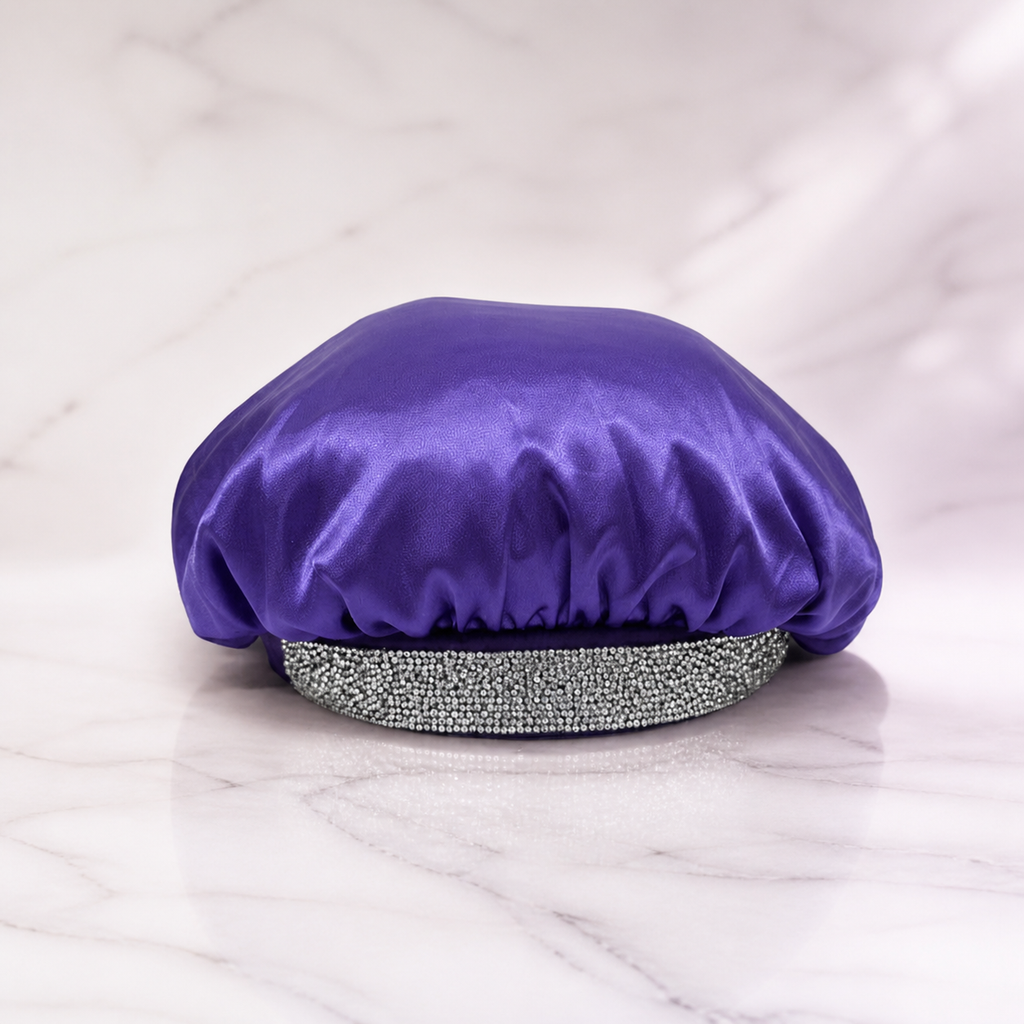 Ryan Wayne purple satin Silk Bling water-resistant shower cap with crystal band