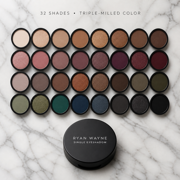 Ryan Wayne Single Eyeshadow collection featuring 32 triple-milled shades