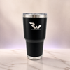 Ryan Wayne black 30 oz tumbler on white marble with soft plum lighting