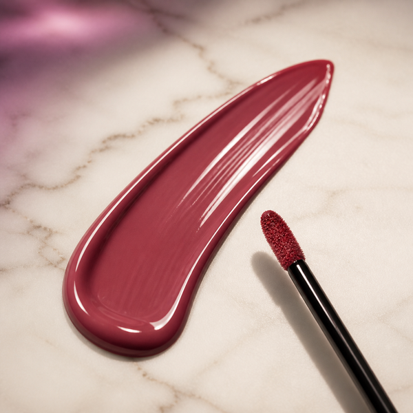 Love Note rose-mauve Vinyl Lip Lacquer swatch with applicator on white marble
